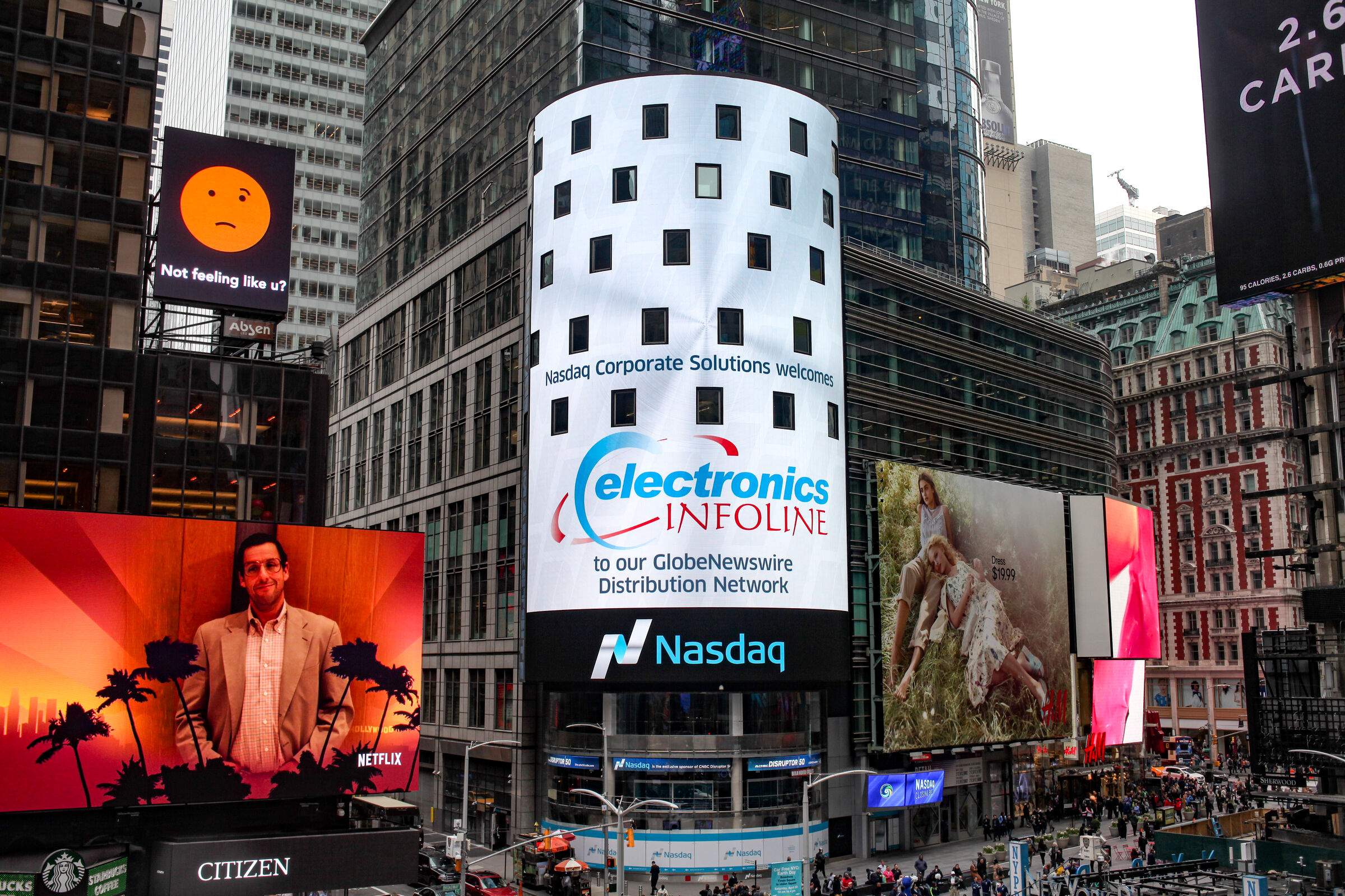 Electronics Infoline featured on the Nasdaq MarketSite Tower in Times Square, New York — April 21, 2017